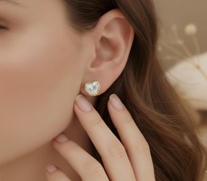 Boucles d'oreilles clous en or 14 carats en forme de cœur avec diamant de laboratoire serti clos, boucles d'oreilles clous romantiques en forme de cœur, bijoux fins, cadeau - Product Image 4