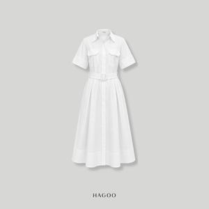 V9093 Vestido Camisero Premium Blanco Sólido de Cintura Alta con Cinturón y Falda Acampanada Ropa de Mujer - Product Image 1