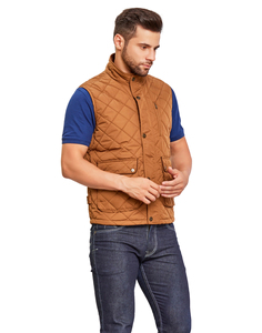 Chaleco Acolchado Marrón para Hombre, Cuello Alto, Cierre de Botones, Cortavientos, Ropa Casual de Otoño, Largo Regular, Color Sólido, Poliéster - Product Image 3