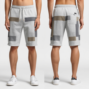 Shorts Bermuda en Coton à Motif Géométrique pour Homme, Taille Élastique avec Cordon de Serrage, Coupe Décontractée Mi-Haute, Tricoté Respirant avec Poches - Product Image 1