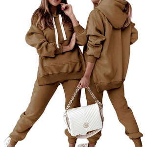 New Women Girls Two Piece Set Casual Fleece Tracksuit Oversize Hooded Long Sleeve Hoodies Suit Winter Solid Sport Pants Set - Product Image 1