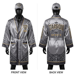 Premium 220 GSM Satin <b>Boxing</b> <b>Robe</b> Red Black Gold Contrast Panels Custom Embroidery Sublimation Logo <b>boxing</b> rob - Product Image 3