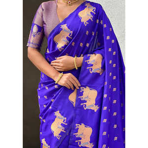 Sari de Noche Tejido de Seda Suave Violeta Elite Weaves con Doble Zari y Borde Nandi 700g - Product Image 2