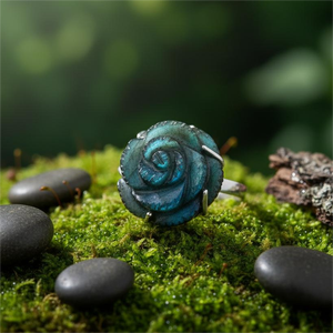 Anillo de compromiso clásico de plata de ley 925 chapado en oro con flor de rosa tallada en labradorita para mujer, estilo bohemio, para boda o cumpleaños - Product Image 3