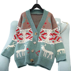 Cárdigan de punto coreano navideño para mujer, 100% lana, forro polar, manga larga, con botones, diseño de reno y copo de nieve, suéter tipo abrigo, muestra gratuita - Product Image 3
