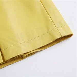 Women Faux Leather A-Line Mini <b>Skirt</b> <b>Pleated</b> Solid <b>Yellow</b> Regular Waistline Shiny Style All Seasons - Product Image 6