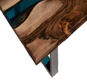 Mobilier de luxe, design moderne, table basse en résine époxy et bois massif à bord vif, table centrale avec pied en U en métal - Product Image 2