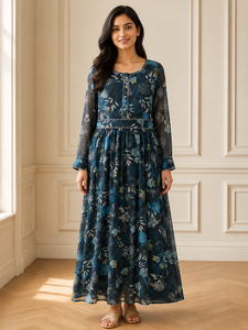 Elegante Vestido Largo para Mujer, Estampado, Color Azul Marino, Cómodo, de Manga Larga, Cuello Redondo, para Fiesta o Uso Casual - Product Image 5