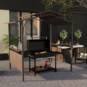8FT X 5FT Brown Double Tiered Interlaced Polycarbonate <b>Roof</b> BBQ Grill Gazebo Steel Frame 2 Side Shelves Outdoor <b>Canopy</b> Pergola - Product Image 2