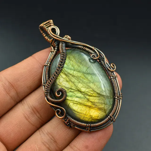 Labradorite Canadian Wire Wrap Gemstone Pendant, Handmade in Canada Cabochon Wrapped Gold Filled Wire Wrapped Copper Jewelry