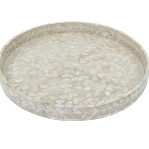 Plateau de service rond en rotin artisanal avec incrustation de nacre, plateau décoratif tissé avec poignées pour table basse, décoration intérieure - Product Image 2