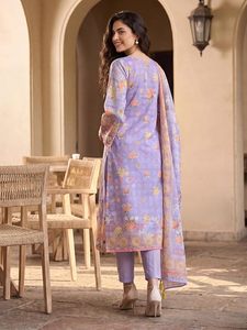 Women's 3-Piece <b>Linen</b> Floral Printed Long <b>Top</b> & Pant Set with Dupatta | Complete Set - Product Image 3