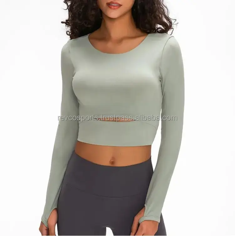 Commercio all'ingrosso di nuova moda Design di base palestra donne Sexy davanti ritagliato cotone Crop top manica lunga con foro per il pollice magliette Yoga