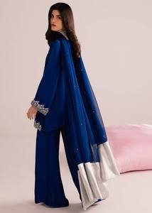 Ensemble Kurta en soie bleu marine brodé pour femme avec pantalon Palazzo, tenue traditionnelle indienne et pakistanaise pour les fêtes, coupe ample longue jusqu'au sol - Product Image 4
