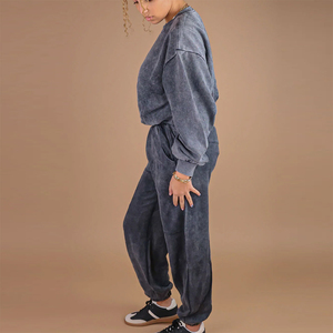 custom logo High Quality Women's Oversized Acid Wash <b>Tracksuit</b> Heavyweight 100%Cotton Crew Neck Loose Fit <b>Tracksuit</b> Solid Color - Product Image 4