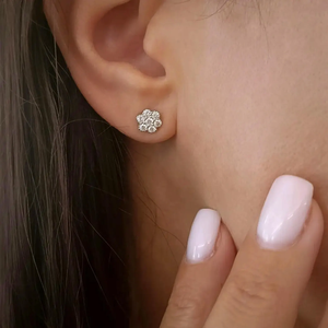 <b>Silver</b> Base Pave Diamond Flower <b>Stud</b> Earrings 925 Sterling <b>Silver</b> Elegant Wedding Party Daily Prong Setting Premium - Product Image 4