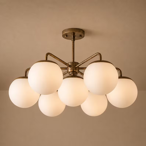 Brass Globe Chandelier 7 Frosted Glass Globes Mid Century <b>Modern</b> <b>Ceiling</b> <b>Light</b> Fixture Decorative Interior Lighting - Product Image 1