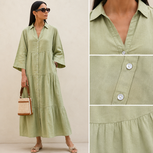 100% Cotton Handmade Simple Maxi <b>Dress</b> for Women Summer Casual Tiered Button Shirt Short Sleeve Collared Neck <b>Loose</b> Beach Long - Product Image 5