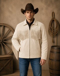 Chaqueta de Cuero Crema para Hombre con Flecos, Cuello Camisero, Corte Regular, para Otoño - Product Image 1