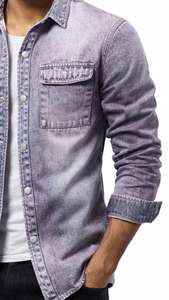 Chemise en jean vintage 2025 pour homme, décontractée, couleur unie, manches longues, effet délavé - Product Image 3