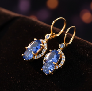 Elegantes Pendientes Ovalados Azules con Circonitas Cúbicas y Plata de Ley 925 con Baño de Oro de 18K, Accesorio para Novia, para Fiestas y Cócteles - Product Image 1