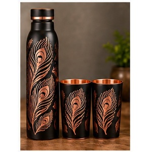 Bouteille d'eau en cuivre pur avec deux tasses, motif floral, noir et or rose, ensemble de vaisselle portable pour usage domestique - Product Image 2