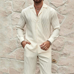 Men Summer Solid <b>Knitted</b> Plus Size Two Piece Casual <b>Set</b> Smart Casual White Cotton Breathable - Product Image 1