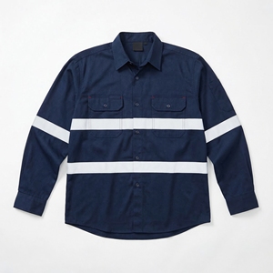เสื้อเชิ้ตทำงานสีน้ำเงินกรมท่าแบบสะท้อนแสงสำหรับผู้ชาย แขนยาว ชุดทำงานแบบมองเห็นได้ชัดเจน ชุดยูนิฟอร์มก่อสร้าง ผู้ผลิต OEM - Product Image 1