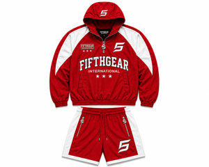ชุดแจ็คเก็ตและกางเกงขาสั้นมีฮู้ดสีแดงสำหรับผู้ชาย Fifthgear International ชุดกีฬาผ้าโพลีเอสเตอร์ระบายอากาศได้ดี เหมาะสำหรับใส่ในฤดูใบไม้ผลิ ป้องกันลม - Product Image 2