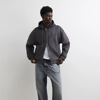 Sweat à capuche zippé vintage en faux daim délavé pour homme, coupe lourde, brodé, épaules tombantes, style streetwear