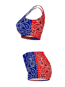 Conjunto Deportivo de Punto para Mujer, Top Corto con Estampado Paisley Rojo y Azul, Pantalones Cortos por Encima de la Rodilla, Ropa Deportiva Transpirable para Yoga - Product Image 3