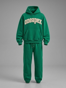Ensemble survêtement homme vert oversize avec sweat à capuche et pantalon de jogging en coton épais, style streetwear, personnalisable avec marque privée - Product Image 2