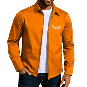 Veste zippée bleu marine pour homme avec broderie d'ailes, coupe-vent décontractée, col rabattable, manches longues, couleur unie - Product Image 3