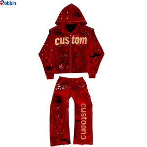 Conjunto de Sudadera con Capucha Casual Estampada Personalizada de Última Tendencia para Hombre, Pantalones de Chándal Acampanados Bordados, Chándal Vintage de Estilo Urbano de Gran Gramaje - Product Image 5