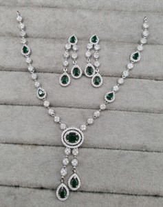 Exquisite AD Oval Stone Necklace <b>Set</b> <b>Silver</b> & Rhodium Plated Y Shape Necklace With Matching Earrings For Womens AD <b>Jewellery</b> <b>Set</b> - Product Image 2