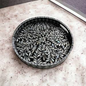 Belladec BI-WT92 Mother Pearl Inlay Black Floral Mosaic Modern Luxury Handmade Wooden Base Decorative Coffee Table <b>Storage</b> <b>Tray</b> - Product Image 4
