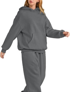 Conjunto de Sudadera con Capucha Gris Unisex, Sudadera con Capucha Oversize, Sudadera Corta con Capucha, Pantalones de Felpa, Diseño de Bolsillo de Color Sólido, Ropa Casual de Otoño - Product Image 3