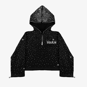 Conjuntos de Sudadera con Capucha y Pantalones Acampanados de Algodón 100% Pesado con Logo Estampado de Pedrería, Personalizados en Negro, de Dos Piezas para Hombre, Ideales para Invierno - Product Image 4