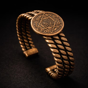 Pure Copper Triple Twisted Wire Open Cuff <b>Bangle</b> Bracelet Vintage <b>Engraved</b> Arabic Calligraphy Seal Hexagram Star Medallion Coin - Product Image 3