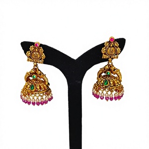 Antique 22k Solid Gold <b>Drop</b> <b>Earrings</b> Handcrafted Lakshmi Motif with Green <b>Emeralds</b> and Natural Pearls for Wedding Occasions - Product Image 1