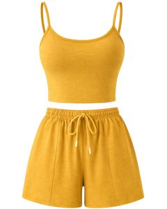 Mustard Yellow Women Camisole And Shorts <b>Set</b> Summer Two Piece Outfit Cotton Blend Crop Top Drawstring Shorts Casual Lounge <b>Set</b> - Product Image 1