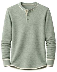 <b>Mens</b> Sage Green Geometric Printed <b>Henley</b> Pullover Sweatshirt Long Sleeve French Terry Regular Fit Casual <b>Top</b> For <b>Men</b> Winter Wear - Product Image 1