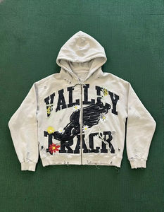 เสื้อฮู้ดดี้โอเวอร์ไซส์สไตล์ Y2K พร้อมโลโก้แบบกำหนดเอง แต่งซิป ปักตัวอักษรนูนโฟม 3 มิติ  ชุดเซ็ตเสื้อฮู้ดดี้และกางเกงยีนส์ขาสั้นสำหรับผู้ชาย - Product Image 5