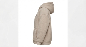 Beige <b>Sherpa</b> <b>Lined</b> Hoodie Pullover Sweatshirt with Front Logo and Pocket Oversized Fit for Winter Casual Wear - Product Image 3