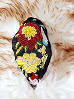 Ensemble de bandeaux et chouchous unisexes faits main, brodés, perlés, en tissu écologique, légers, durables, motif floral jaune multicolore, 6 cm
