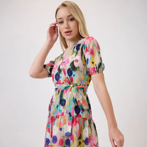 Vestido de Verano de Manga Corta con Abertura Lateral y Borde Brillante para Mujer, Estilo Elegante y Ecológico, Cintura Natural, Midi, Lavable - Product Image 1