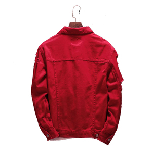 Men's <b>Red</b> Denim Jacket Turn-down Collar Single Breasted Casual Ripped Hole Design Autumn Slim Fit Cotton <b>Material</b> - Product Image 2