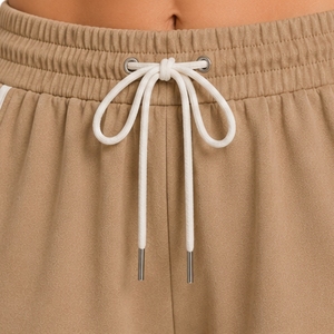Khaki <b>Womens</b> Athletic Running <b>Shorts</b> With Contrast Piping <b>Elastic</b> Drawstring <b>Waist</b> Custom Sports Gym Fitness Training Casual - Product Image 5
