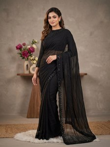 Sari Negro Georgette con Bordado Original de Cuentas Negras, Borde Calado, Blusa de Diseñador, Ideal para Fiestas y Bodas - Product Image 2