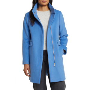 Manteau long en laine mélangée bleu pour femme avec fermeture éclair, col cranté, élégant pour l'hiver - Product Image 1